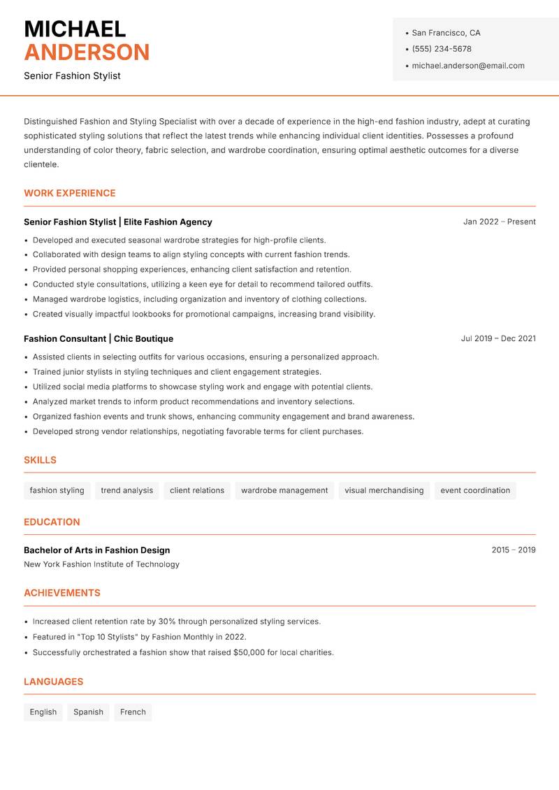 Fashion and Styling Specialist resume sample — Senior Fashion Stylist focus
