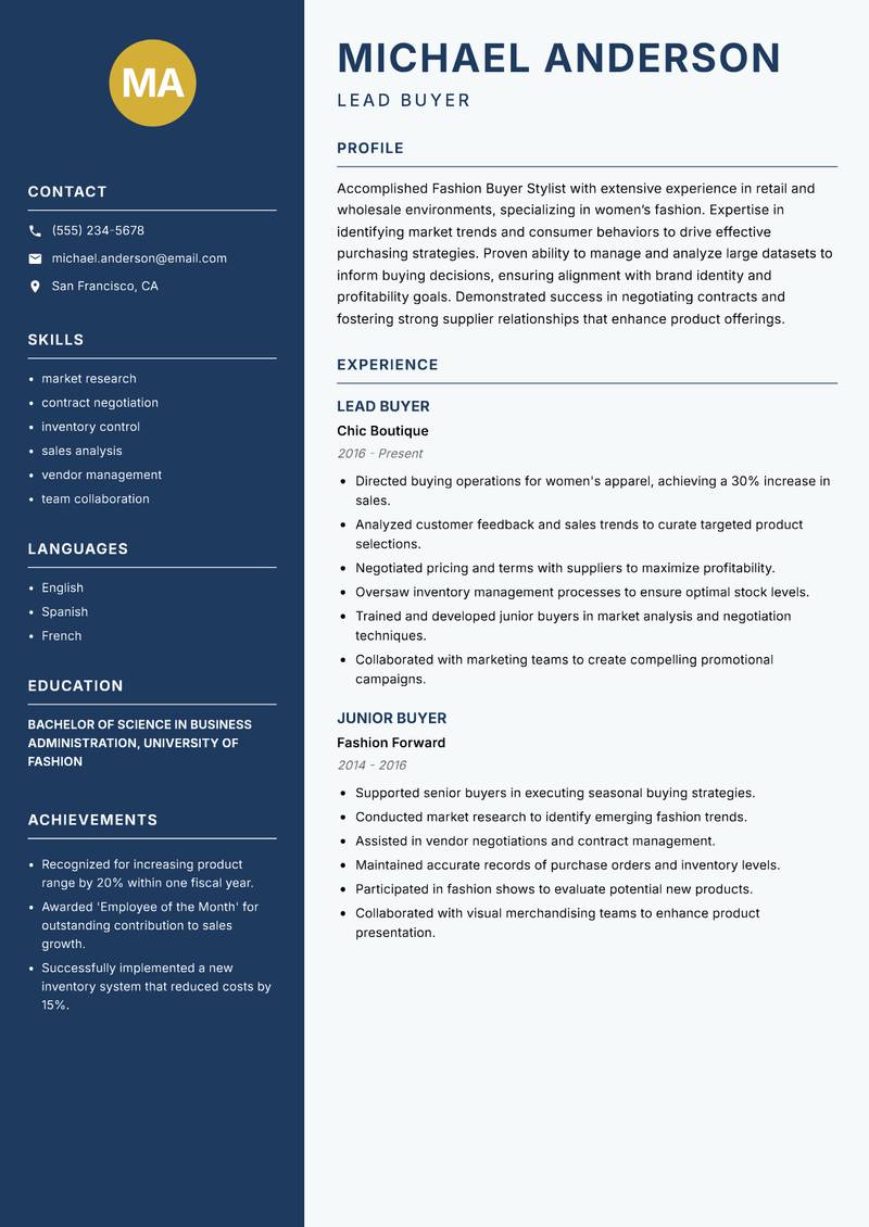 Fashion Buyer Stylist resume sample — Lead Buyer focus