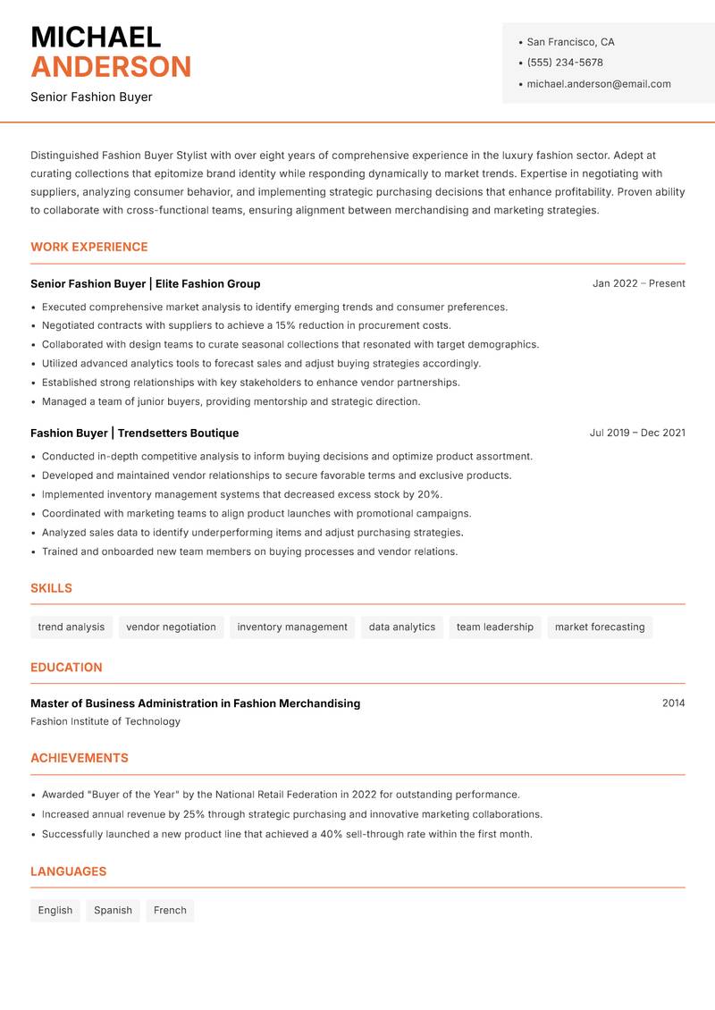 Fashion Buyer Stylist resume sample — Senior Fashion Buyer focus