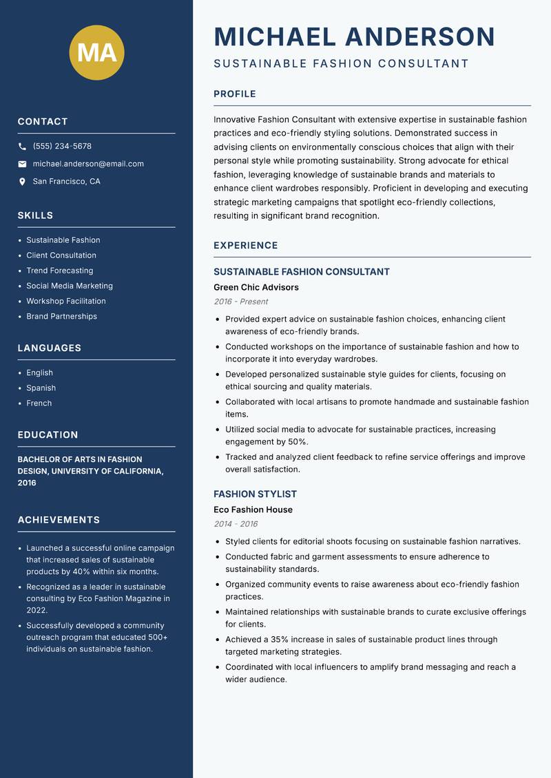 Fashion Consultant resume sample — Sustainable Fashion Consultant focus