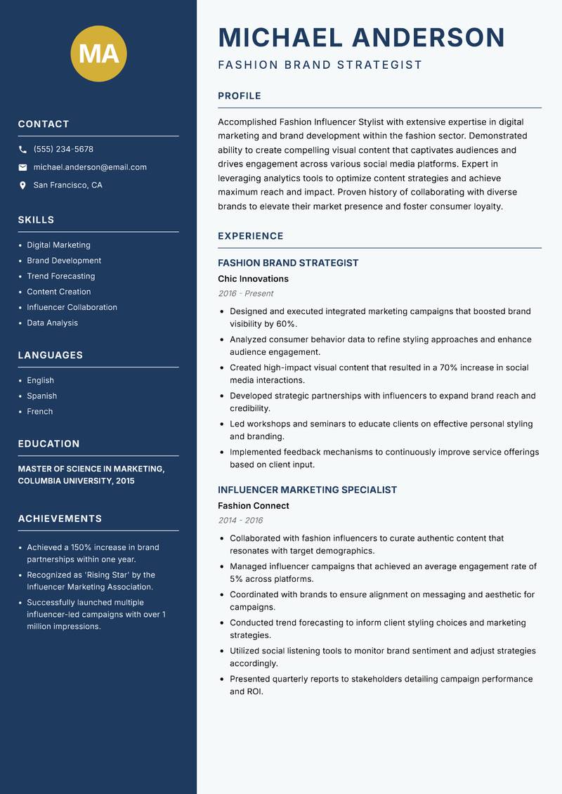 Fashion Influencer Stylist resume sample — Fashion Brand Strategist focus
