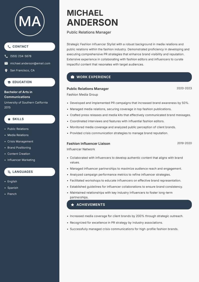 Fashion Influencer Stylist resume sample — Public Relations Manager focus