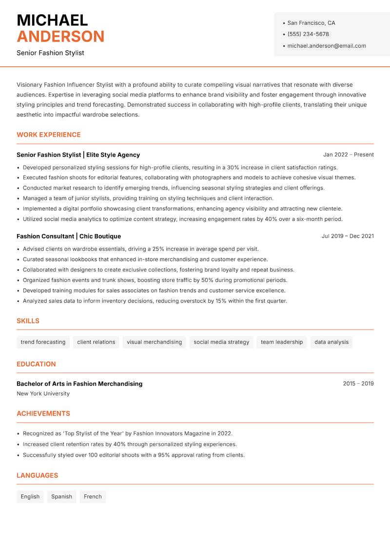 Fashion Influencer Stylist resume sample — Senior Fashion Stylist focus