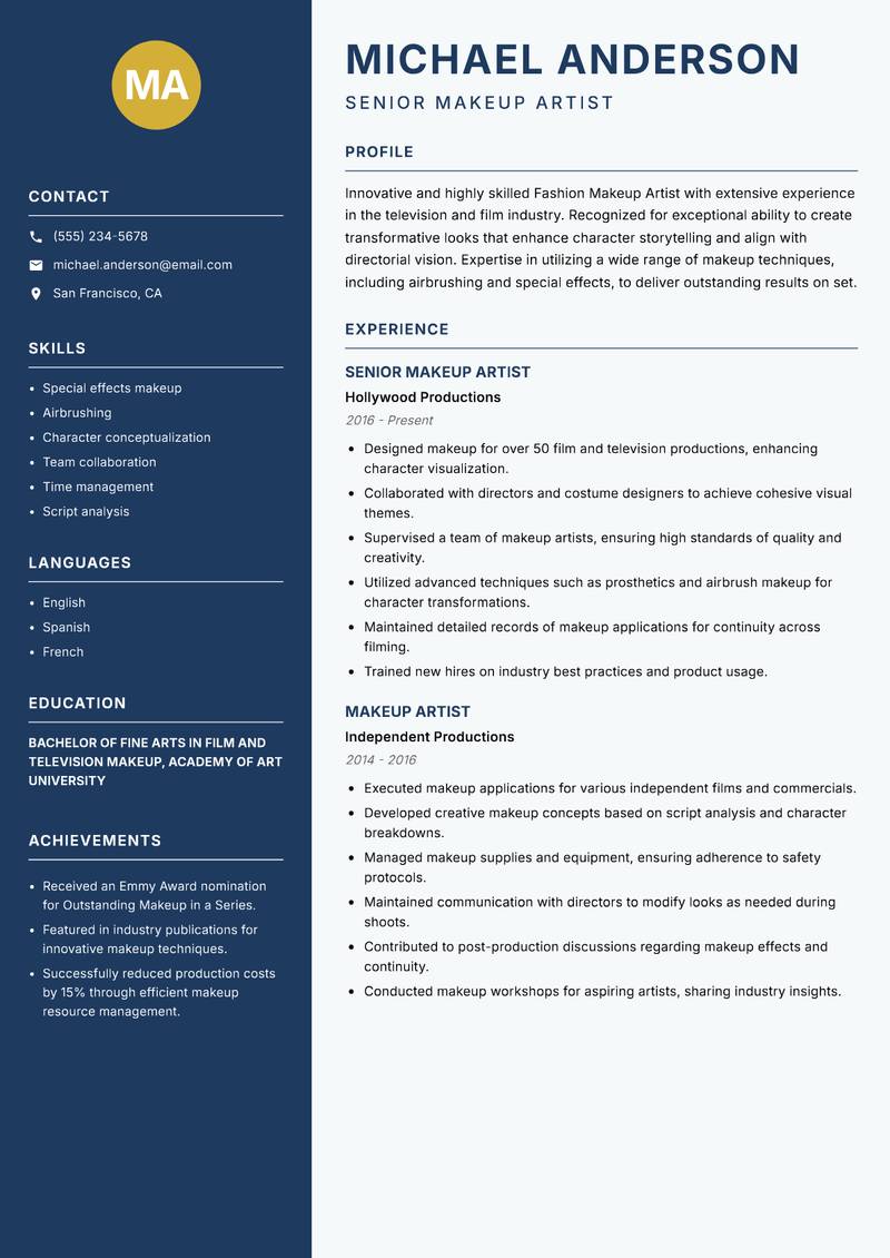 Fashion Makeup Artist resume sample — Senior Makeup Artist focus