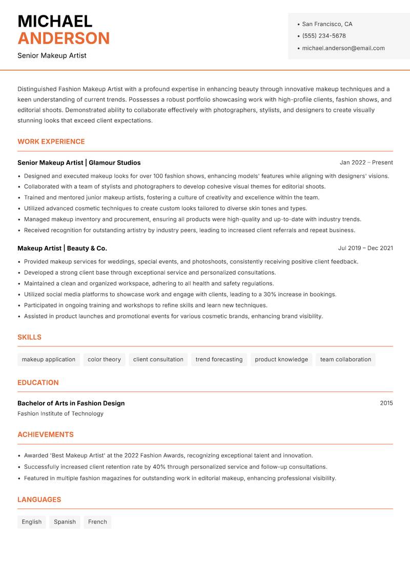 Fashion Makeup Artist resume sample — Senior Makeup Artist focus