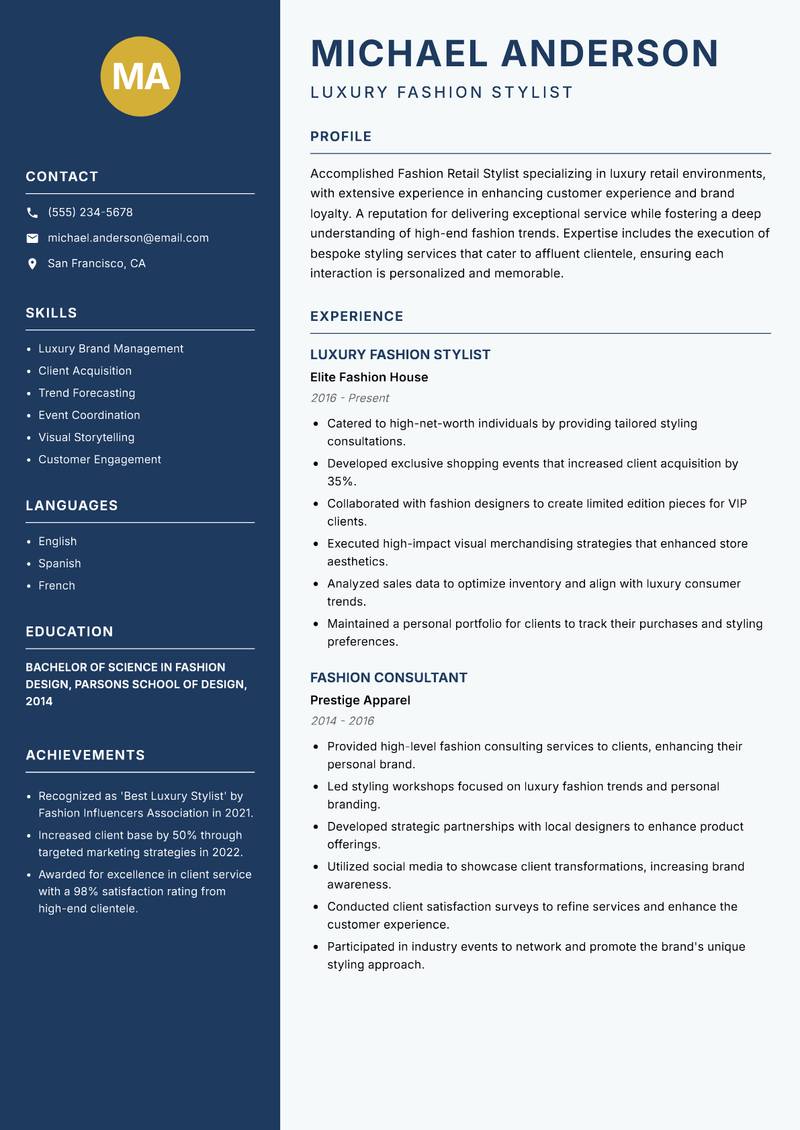 Fashion Retail Stylist resume sample — Luxury Fashion Stylist focus