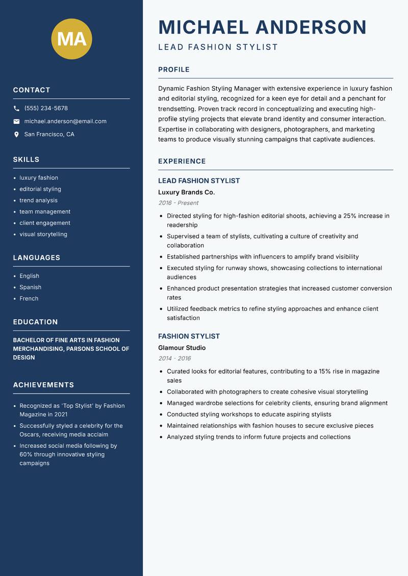 Fashion Styling Manager resume sample — Lead Fashion Stylist focus