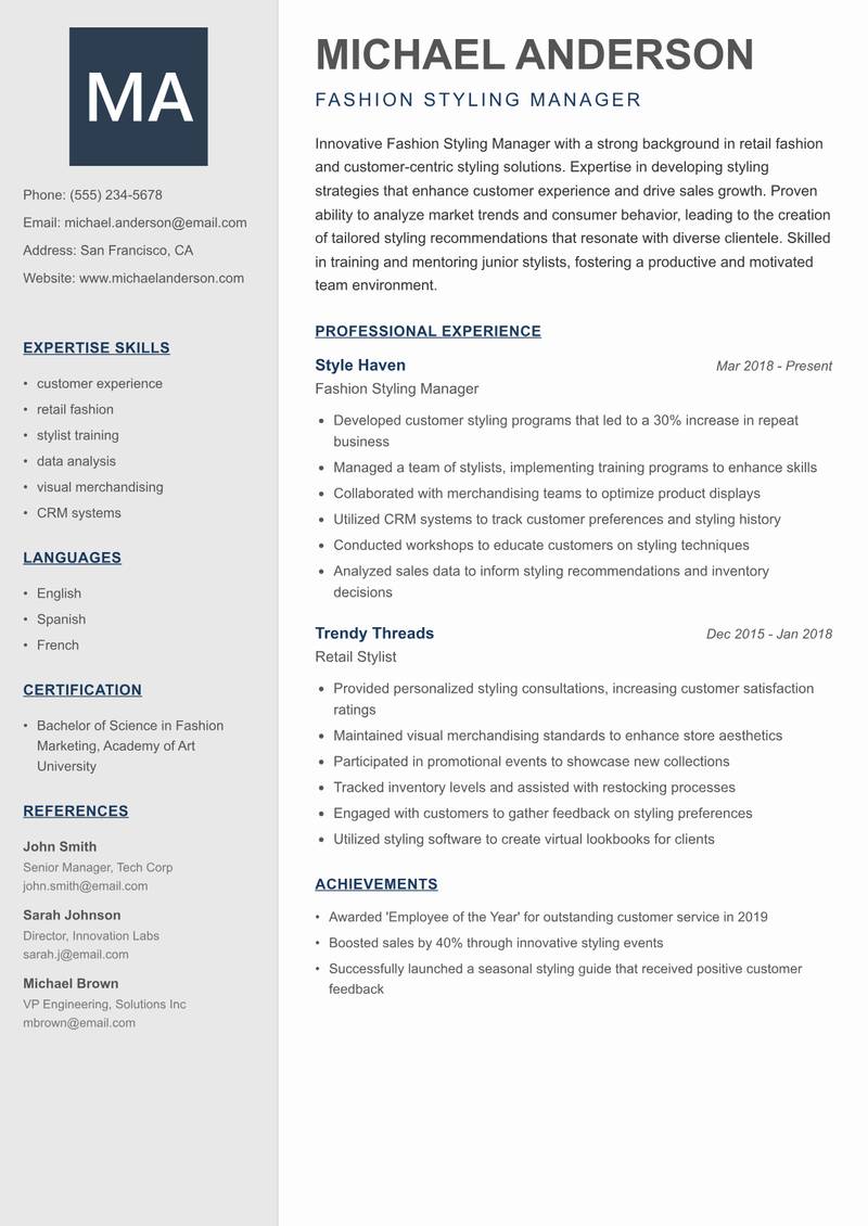 Fashion Styling Manager resume sample — Fashion Styling Manager focus
