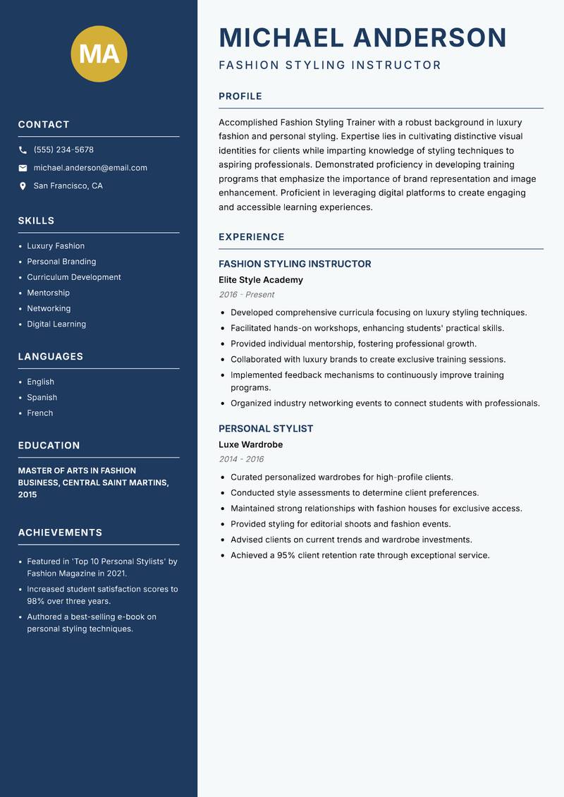 Fashion Styling Trainer resume sample — Fashion Styling Instructor focus