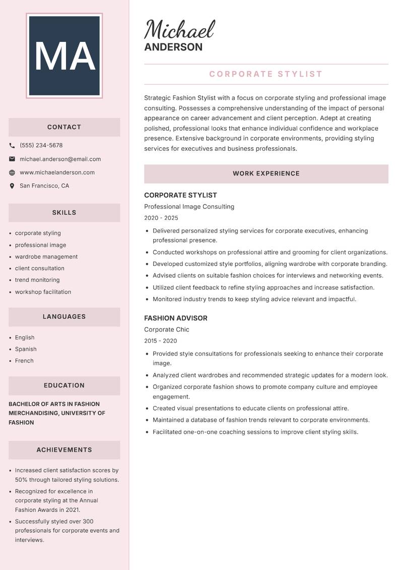 Fashion Stylist resume sample — Corporate Stylist focus