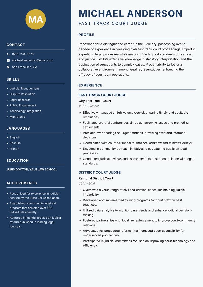 Fast Track Court Judge resume sample — Fast Track Court Judge focus