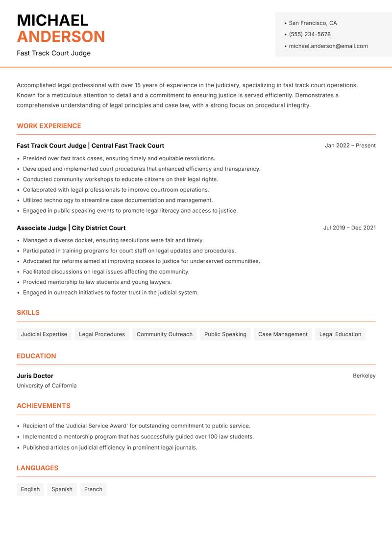 Fast Track Court Judge resume sample — Fast Track Court Judge focus