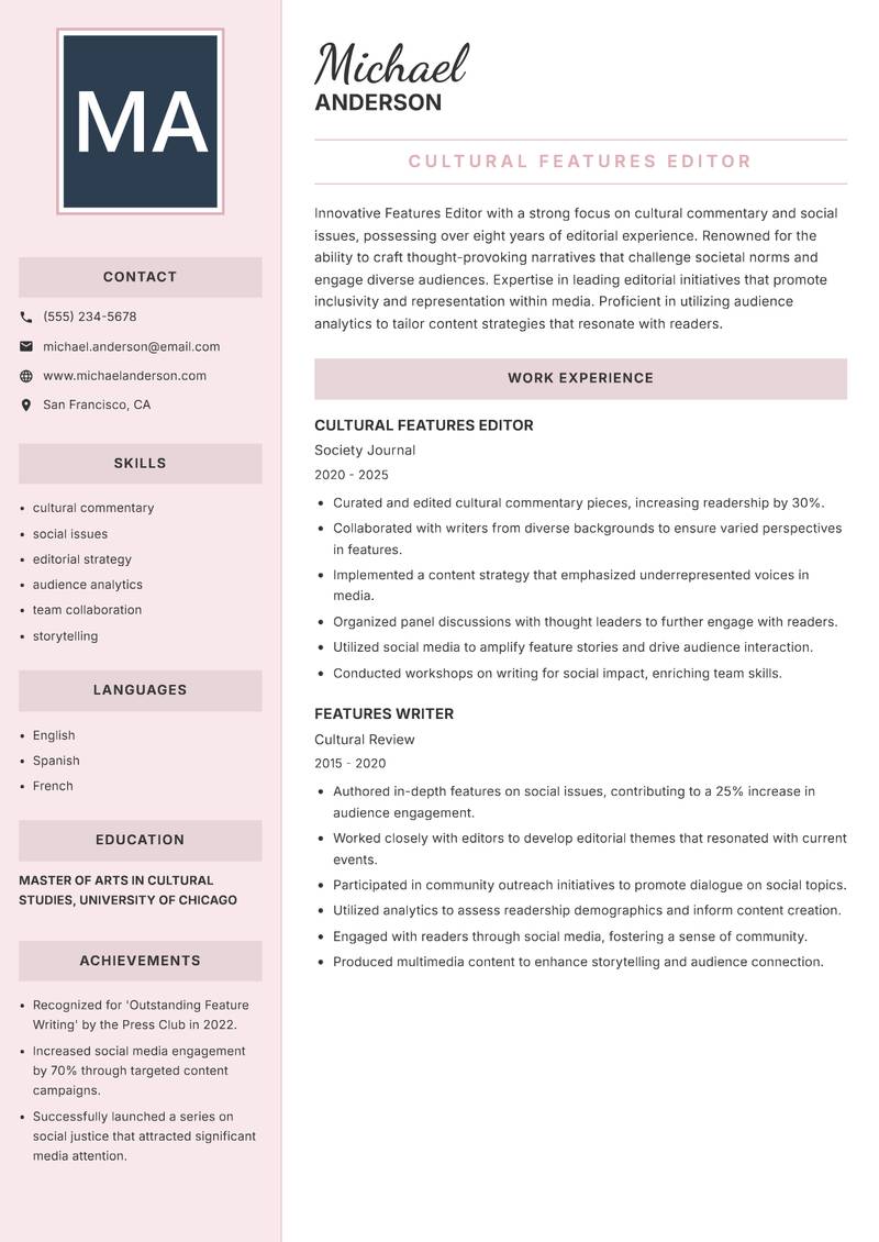Features Editor resume sample — Cultural Features Editor focus