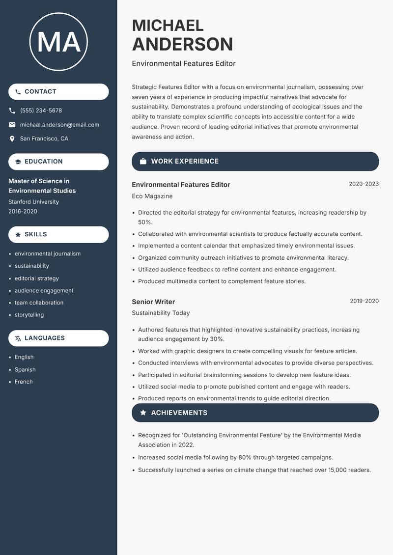 Features Editor resume sample — Environmental Features Editor focus