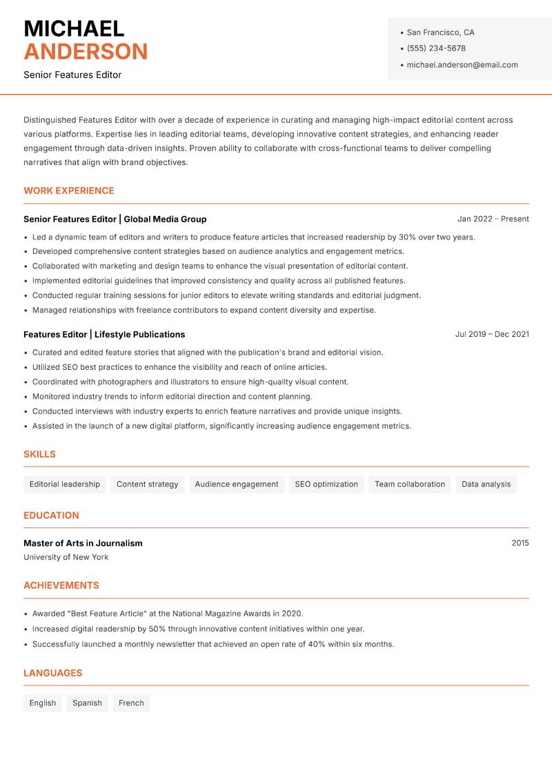 Features Editor resume sample — Senior Features Editor focus