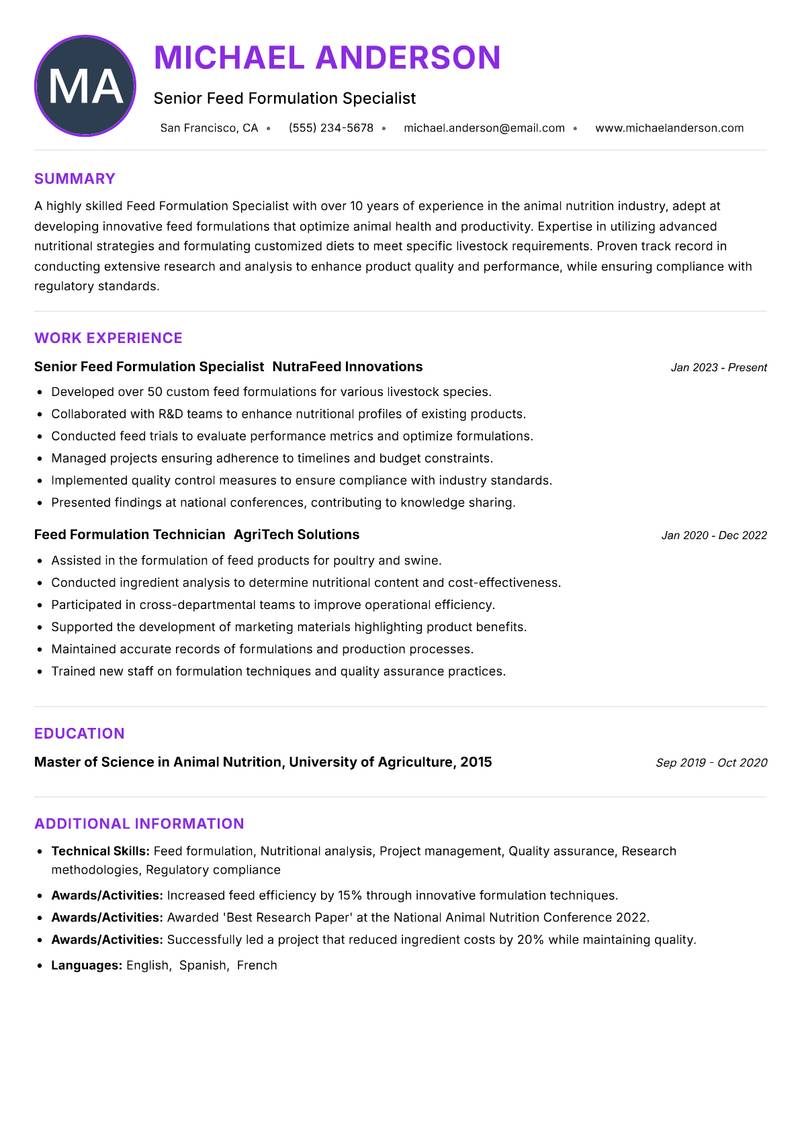Feed Formulation Specialist resume example