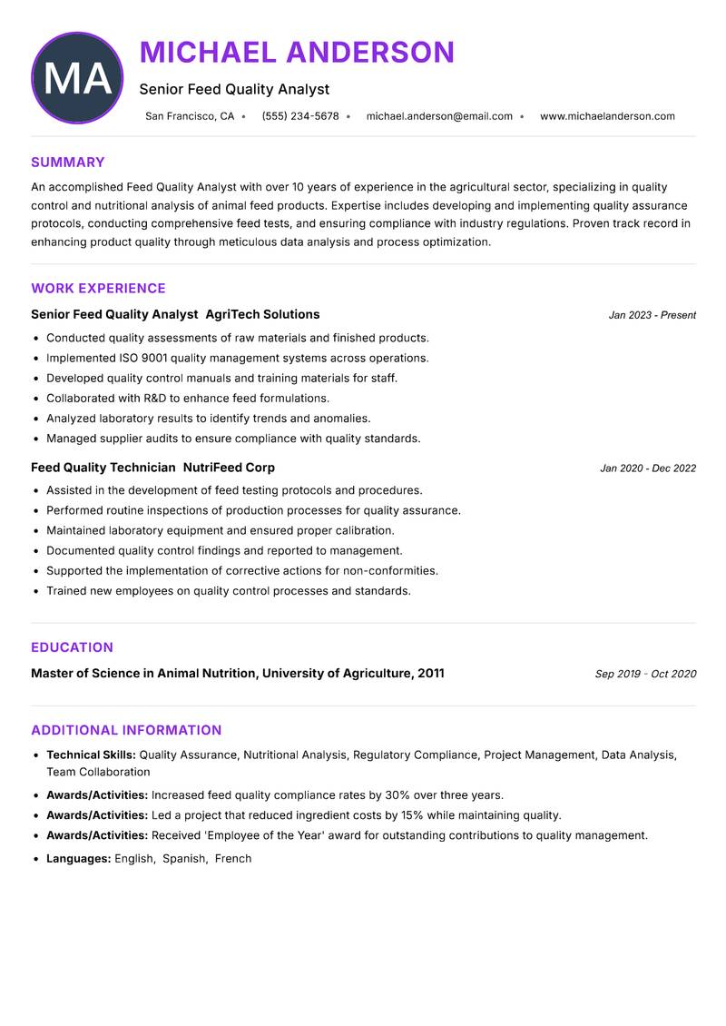 Feed Quality Analyst resume example