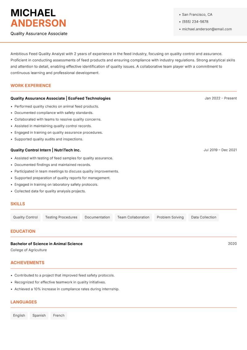 Feed Quality Analyst resume sample — Quality Assurance Associate focus