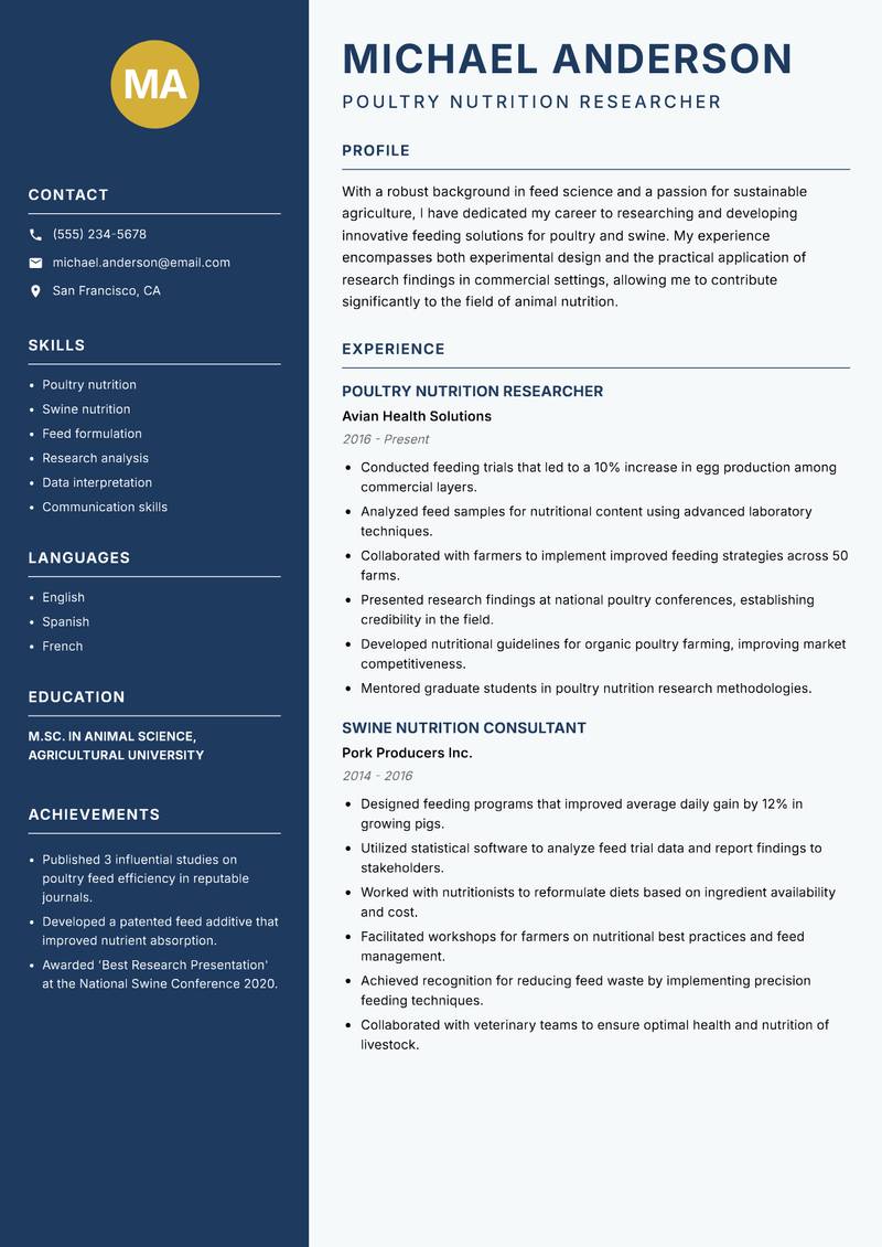 Feed Science Researcher resume sample — Poultry Nutrition Researcher focus