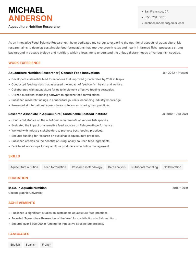 Feed Science Researcher resume sample — Aquaculture Nutrition Researcher focus