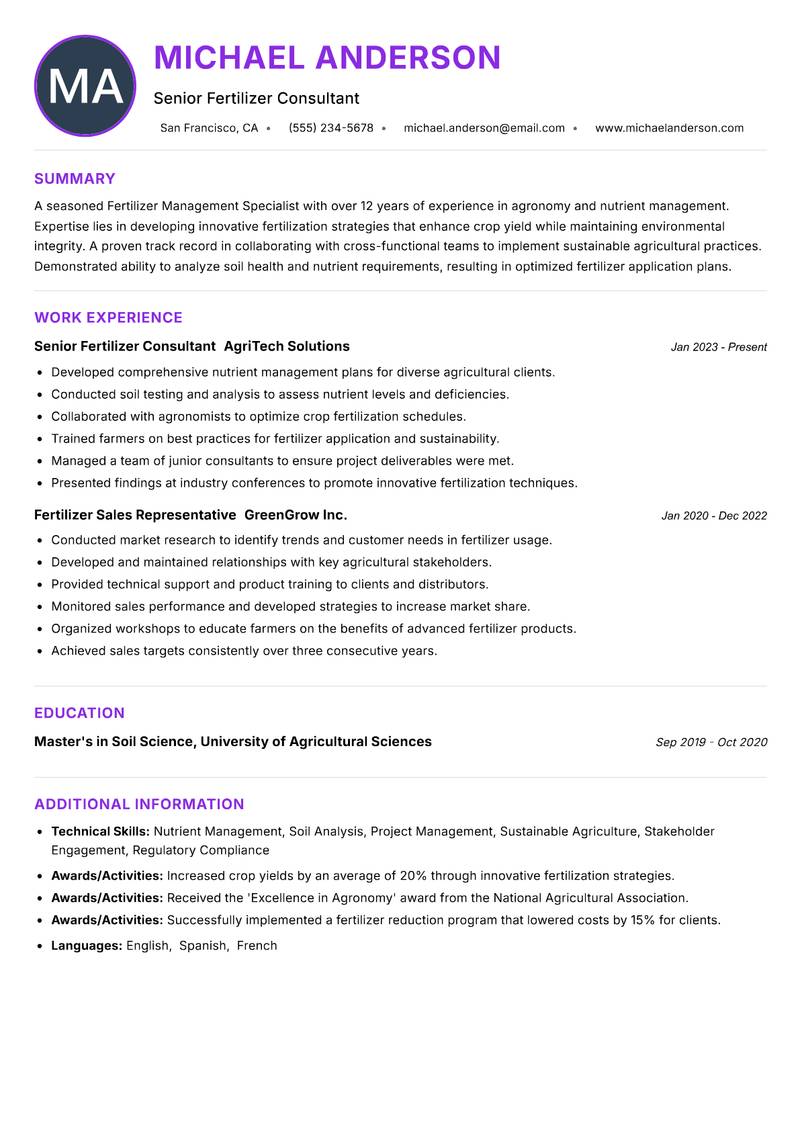 Fertilizer Management Specialist resume example