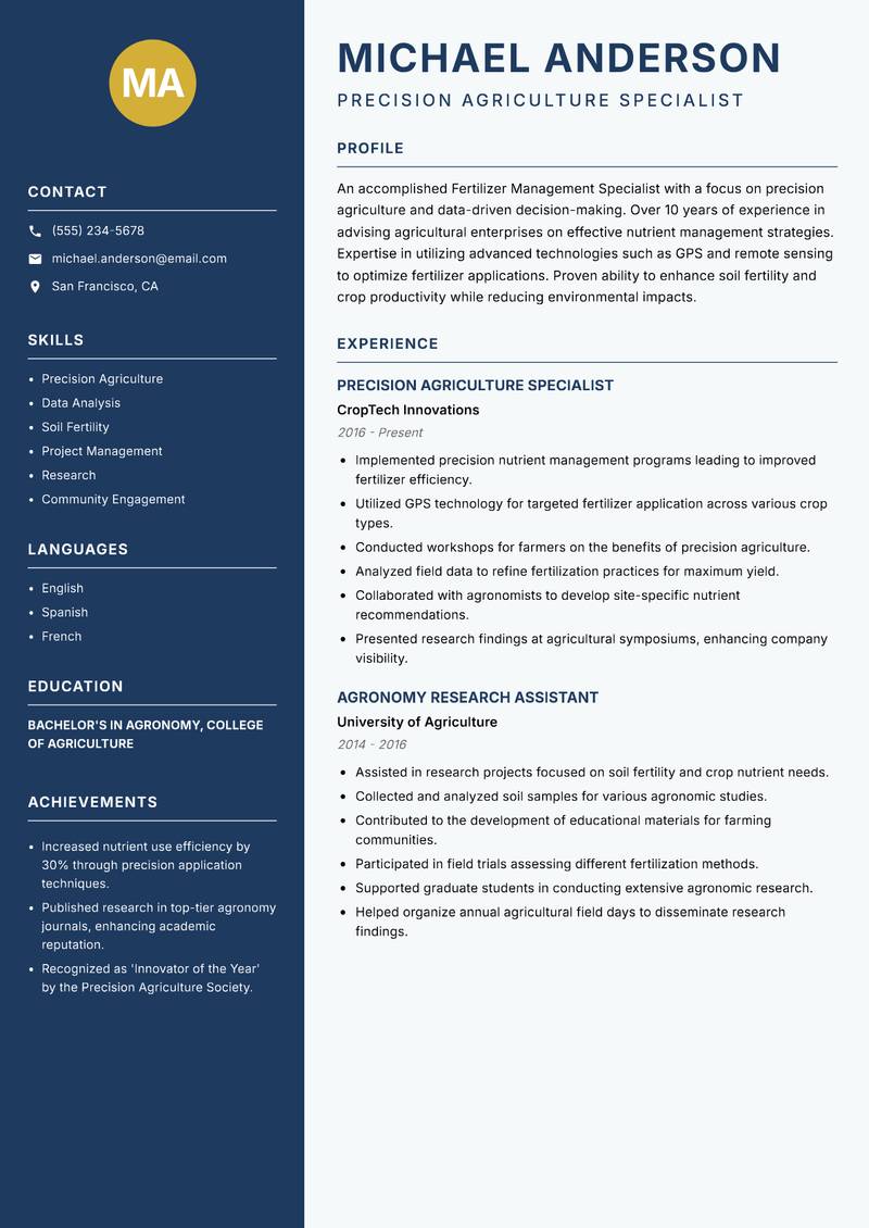 Fertilizer Management Specialist resume sample — Precision Agriculture Specialist focus