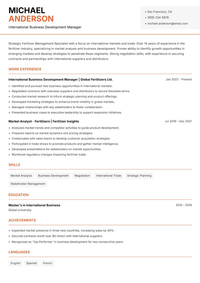 Fertilizer Management Specialist resume sample — International Business Development Manager focus