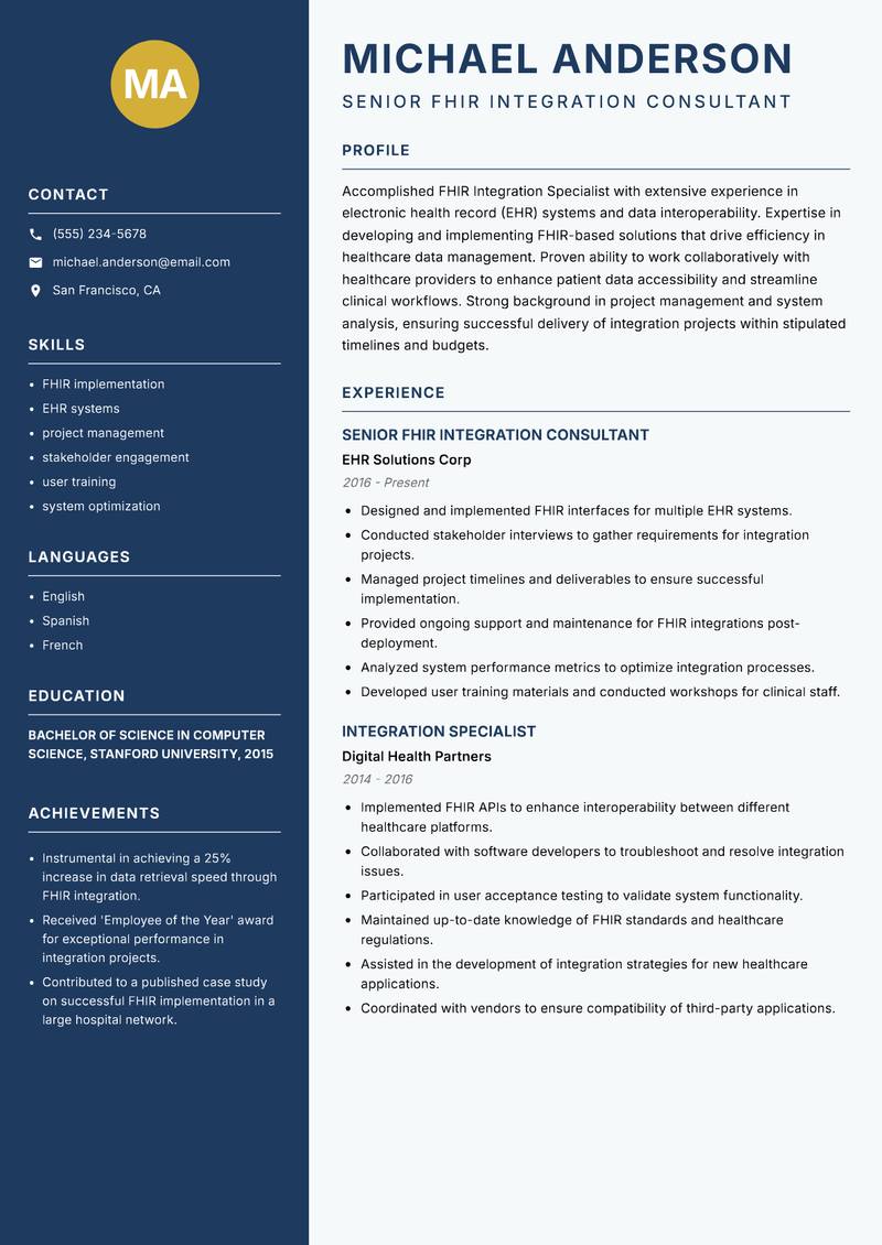 FHIR Integration Specialist resume sample — Senior FHIR Integration Consultant focus