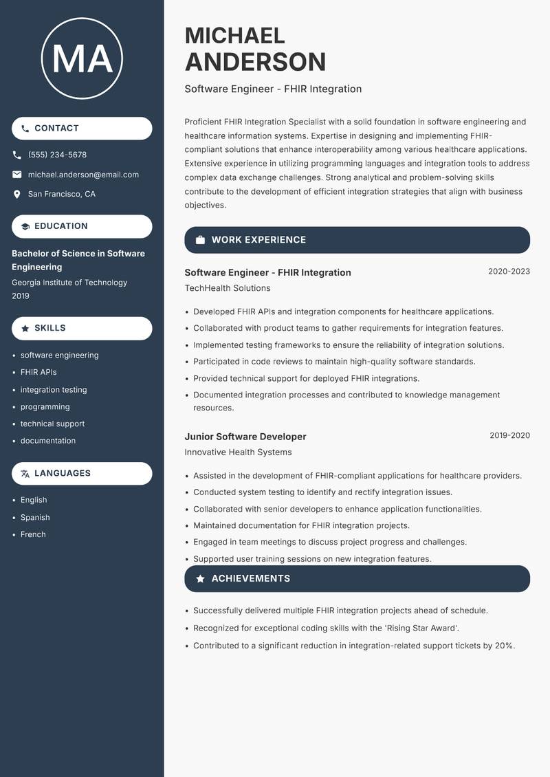 FHIR Integration Specialist resume sample — Software Engineer - FHIR Integration focus