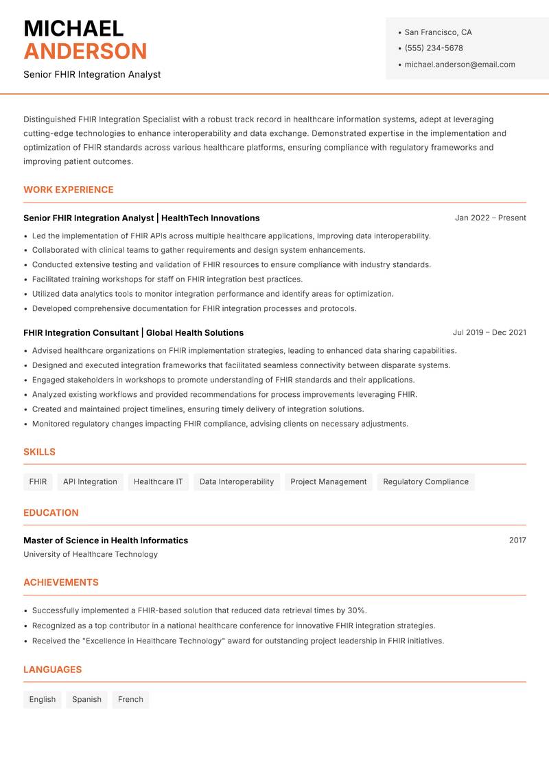 FHIR Integration Specialist resume sample — Senior FHIR Integration Analyst focus