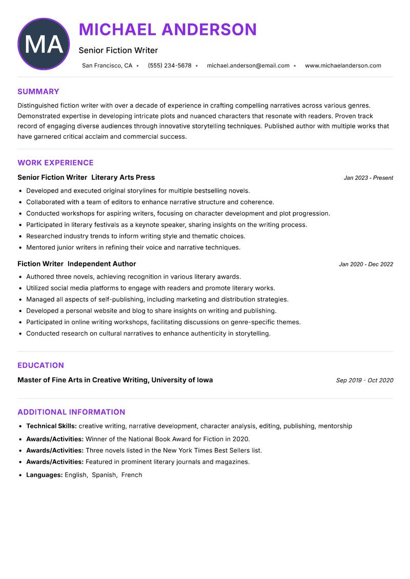 Fiction Writer resume example