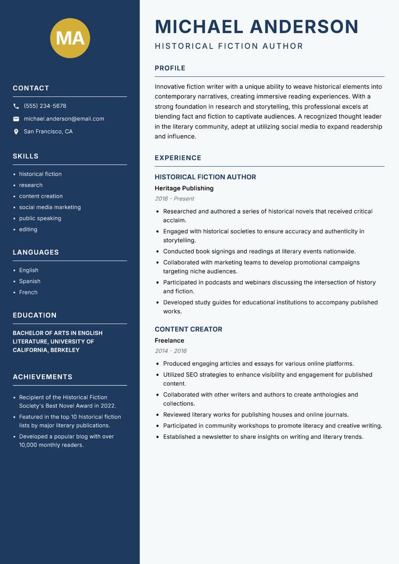 Fiction Writer resume sample — Historical Fiction Author focus
