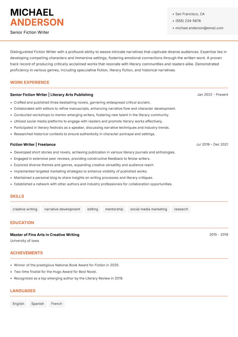 Fiction Writer resume sample — Senior Fiction Writer focus