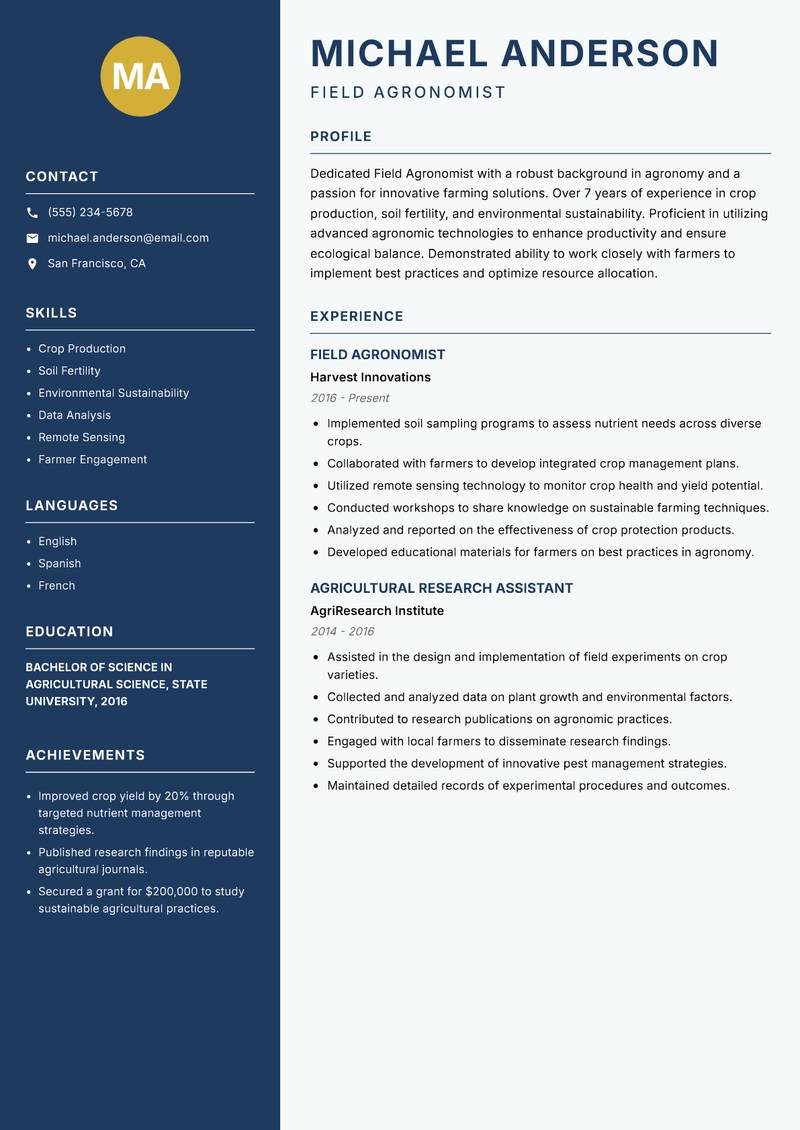 Field Agronomist resume sample — Field Agronomist focus