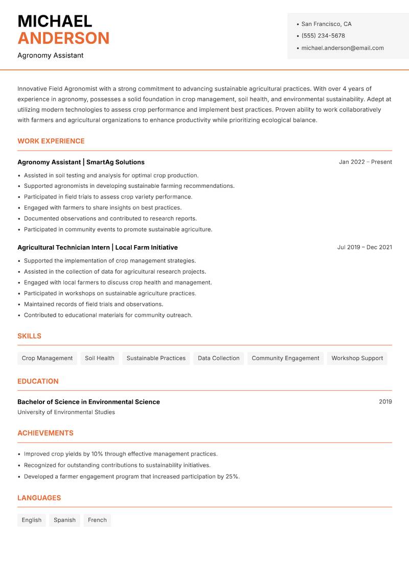 Field Agronomist resume sample — Agronomy Assistant focus
