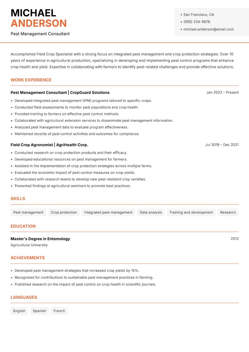 Field Crop Specialist resume sample — Pest Management Consultant focus