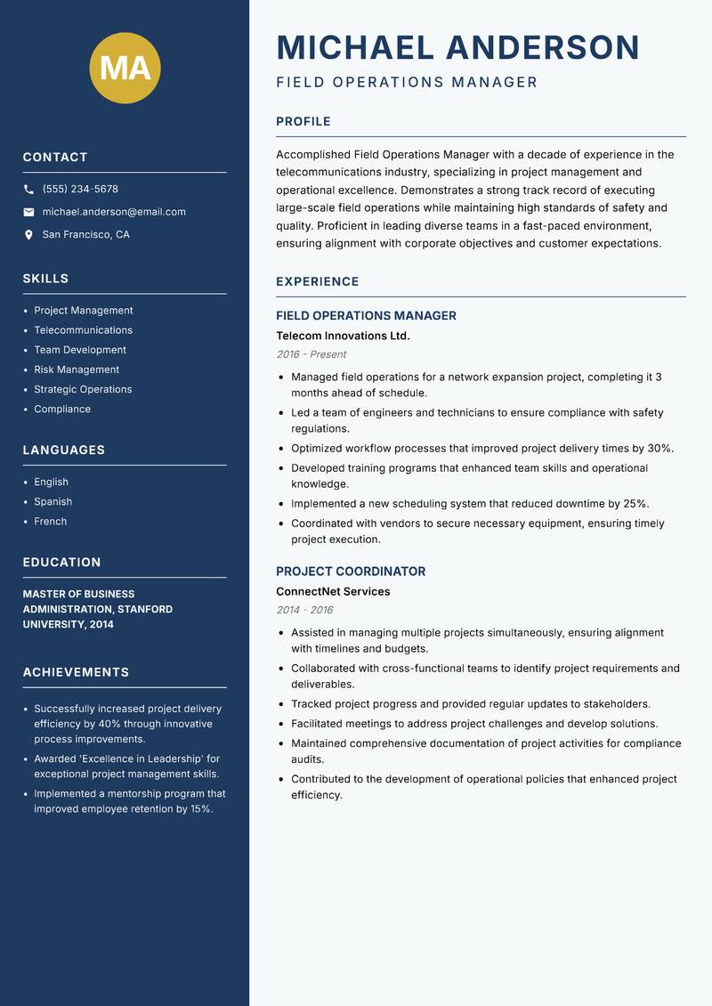 Field Operations Manager resume sample — Field Operations Manager focus