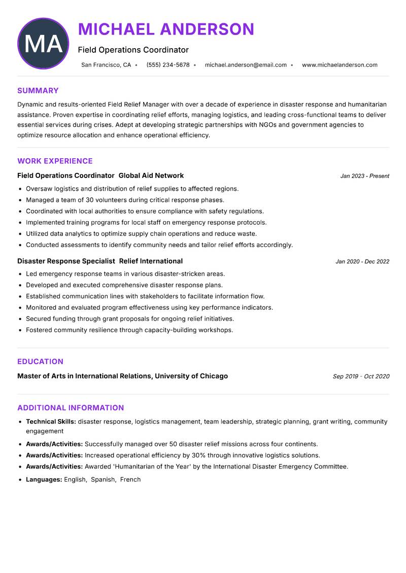 Field Relief Manager resume example