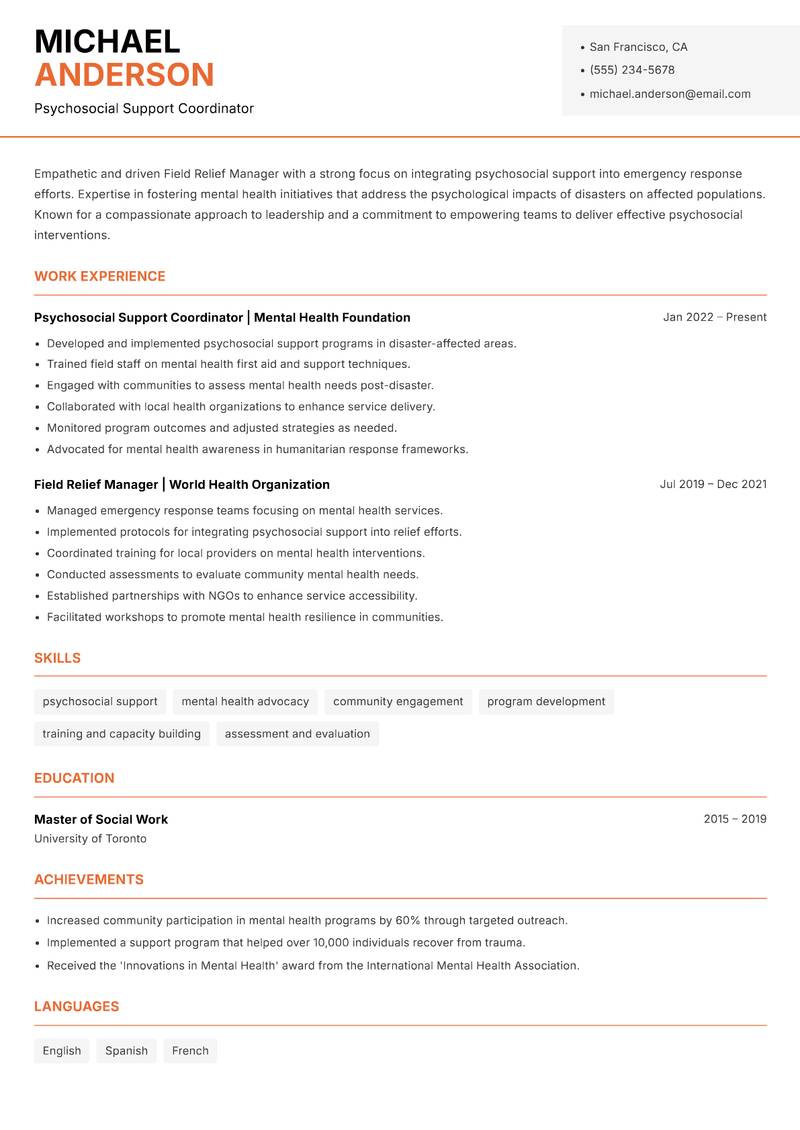 Field Relief Manager resume sample — Psychosocial Support Coordinator focus