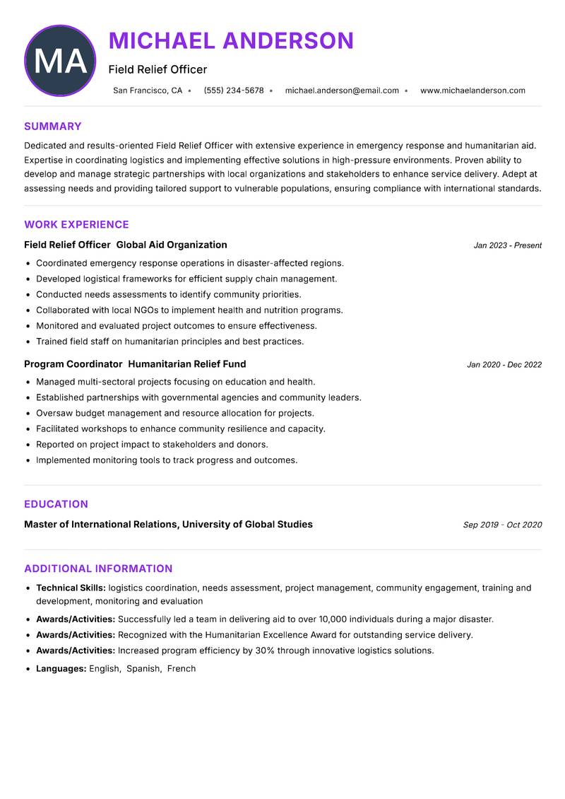 Field Relief Officer resume example