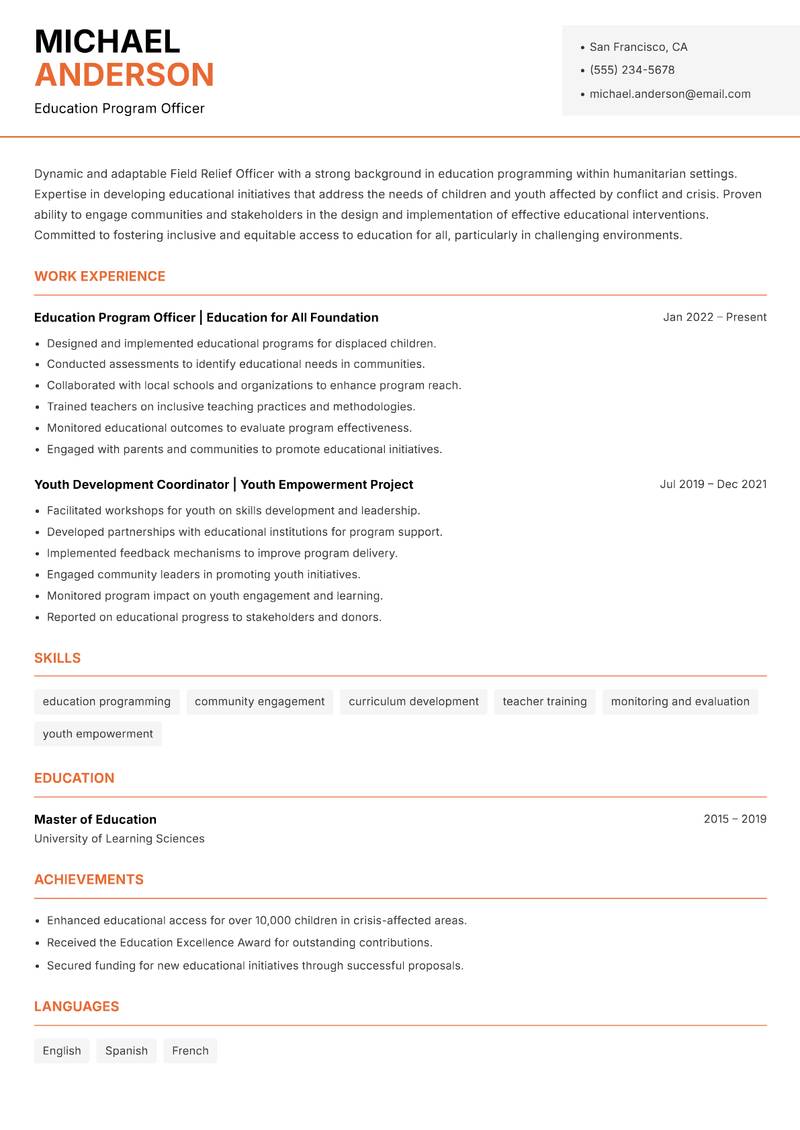 Field Relief Officer resume sample — Education Program Officer focus