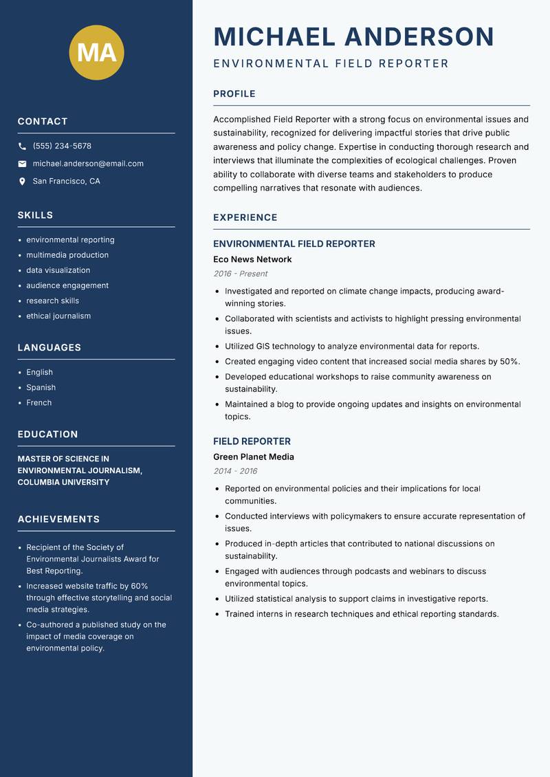 Field Reporter resume sample — Environmental Field Reporter focus