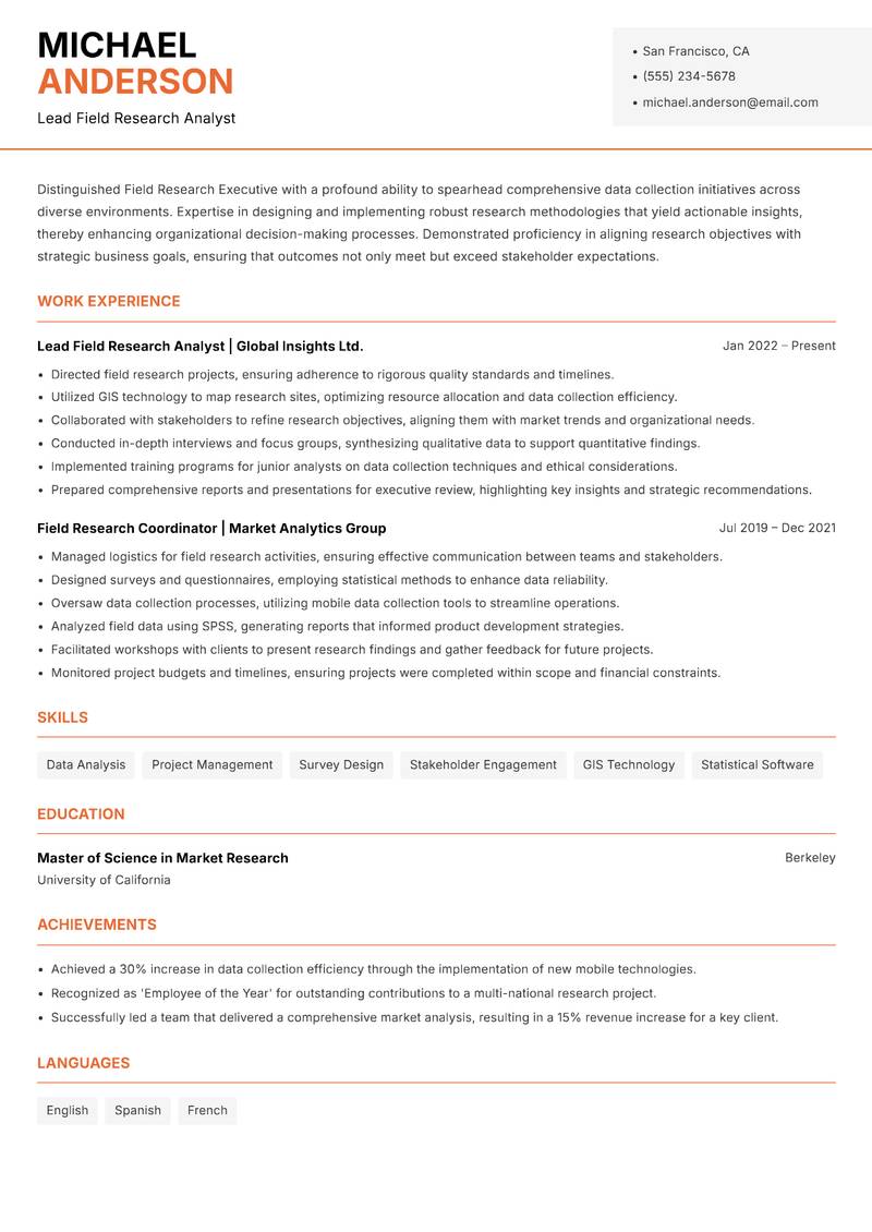 Field Research Executive resume sample — Lead Field Research Analyst focus