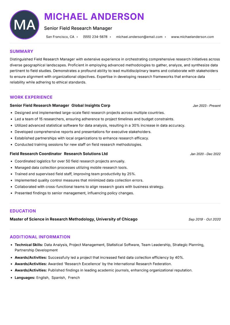 Field Research Manager resume example