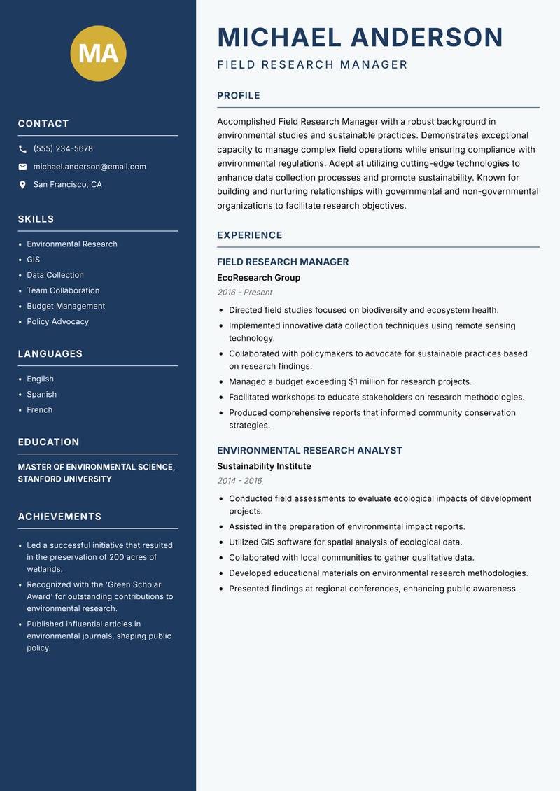 Field Research Manager resume sample — Field Research Manager focus