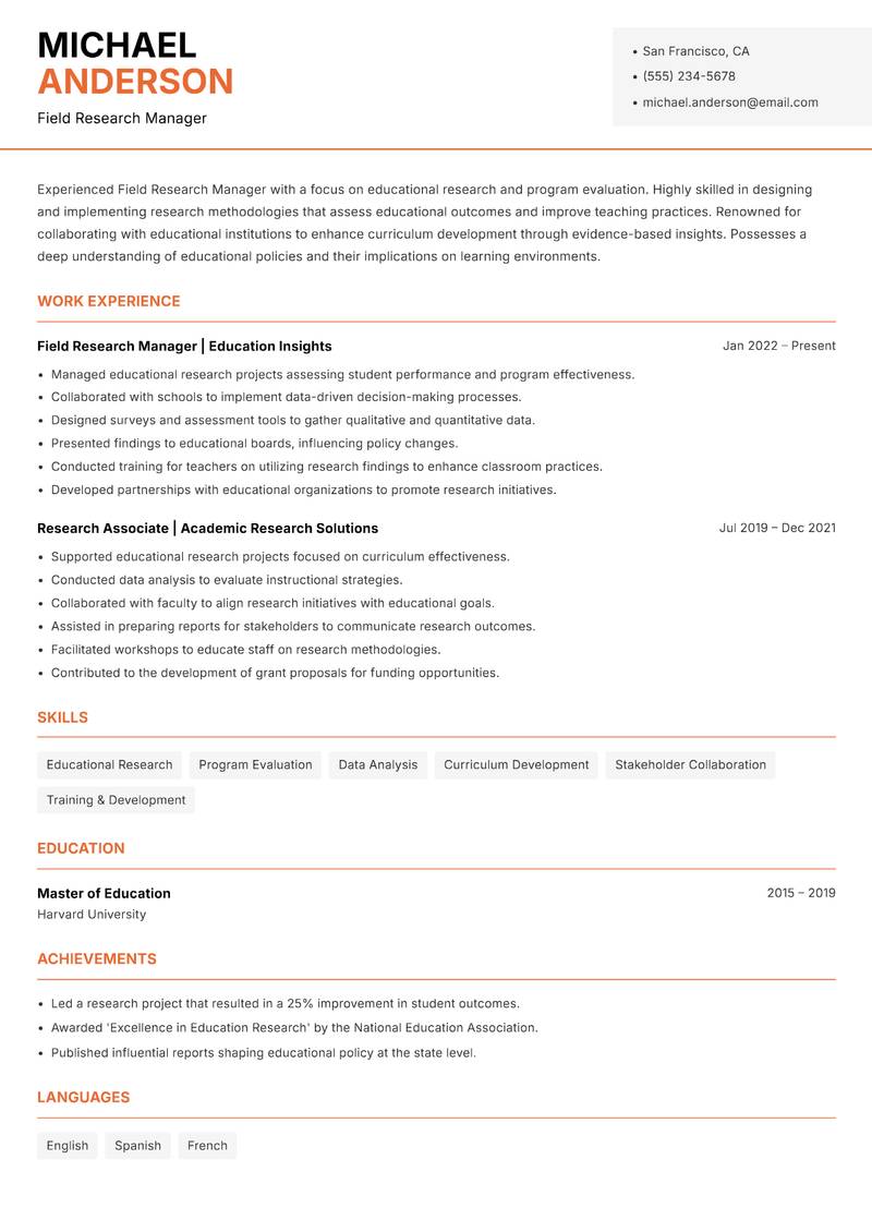 Field Research Manager resume sample — Field Research Manager focus