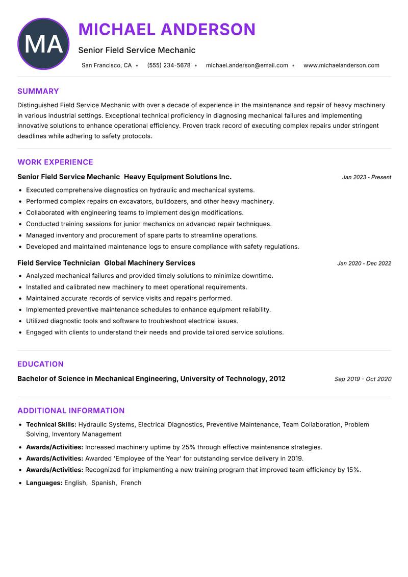 Field Service Mechanic resume example