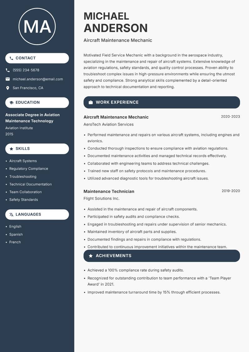 Field Service Mechanic resume sample — Aircraft Maintenance Mechanic focus
