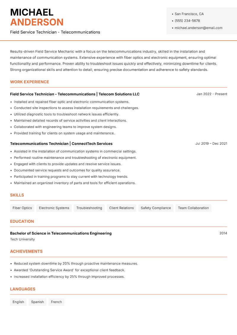 Field Service Mechanic resume sample — Field Service Technician - Telecommunications focus