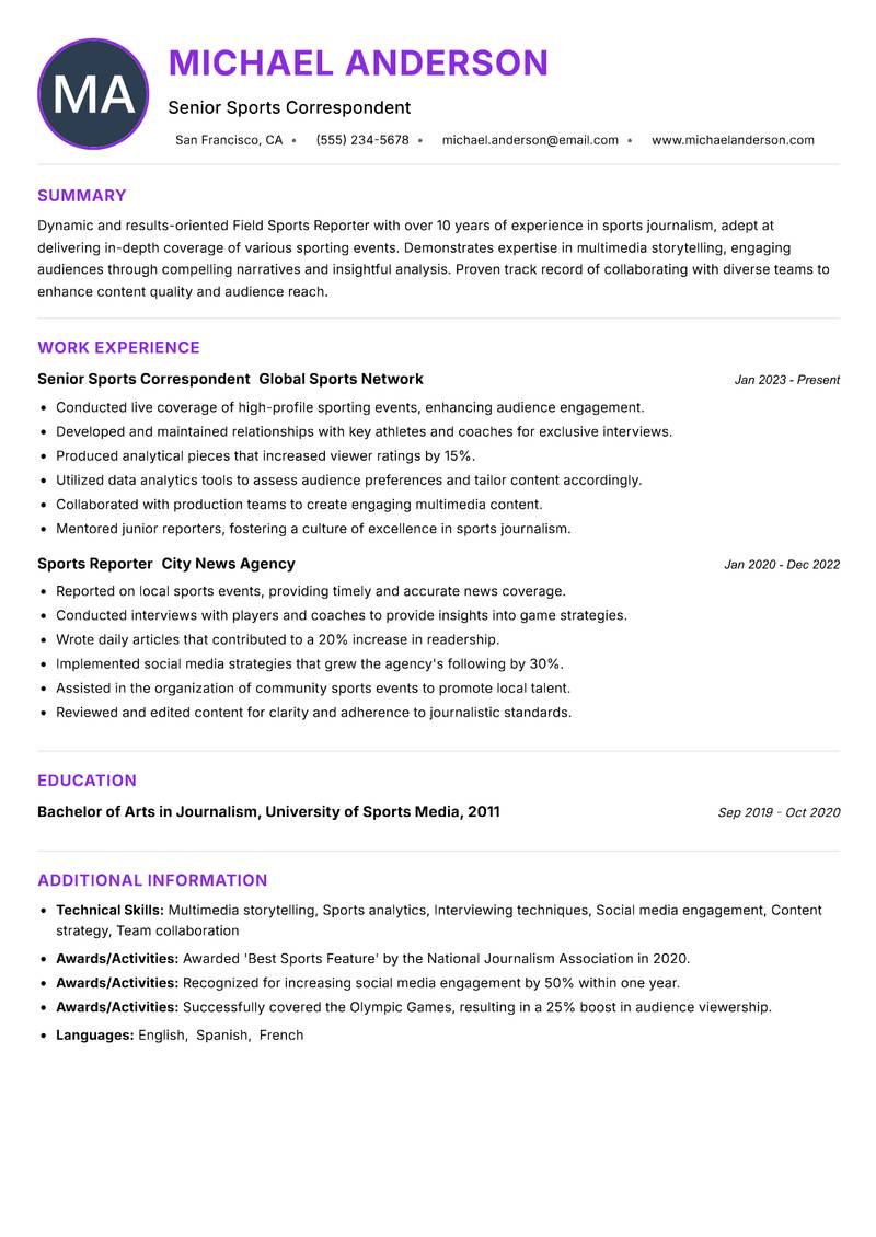 Field Sports Reporter resume example